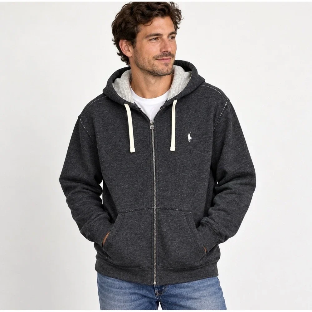 Polo Ralph Lauren Mens Full Zip Hoodie Sweatshirt XL Fleece Lined Pony Logo Grey